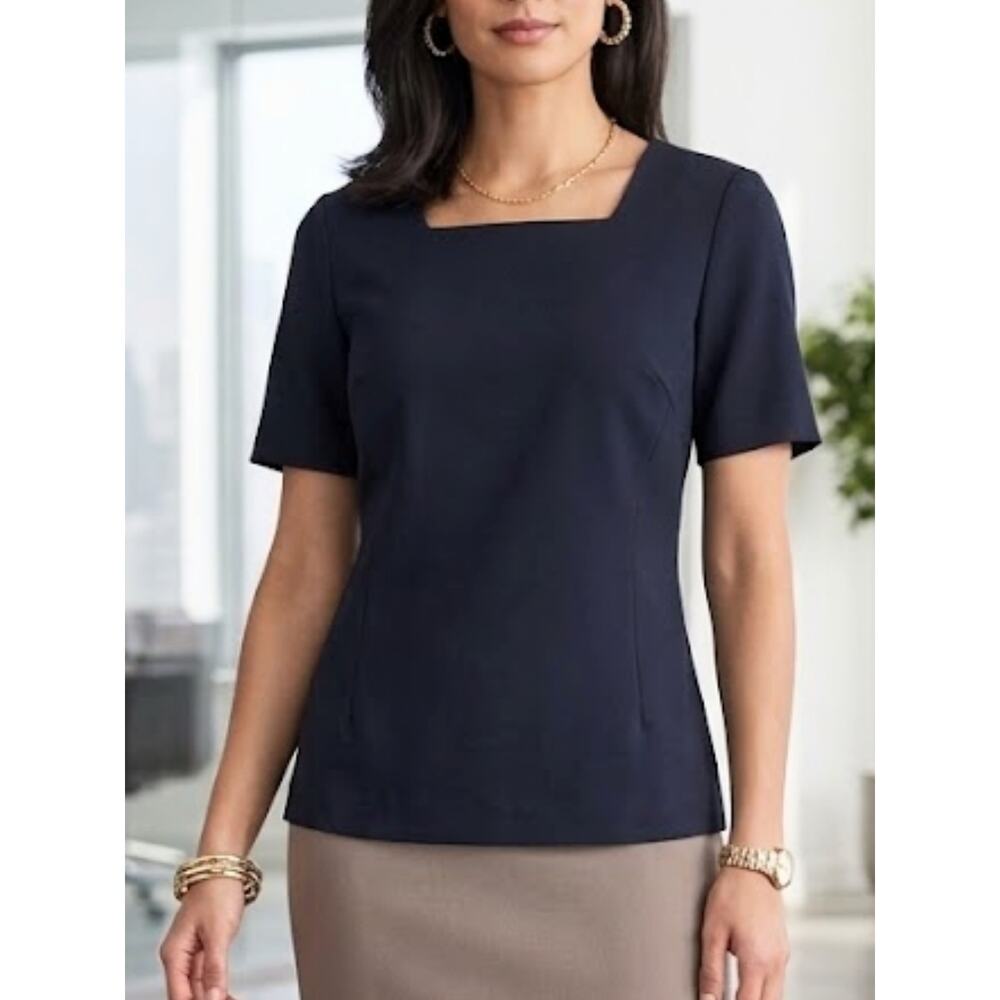 BROOKS BROTHERS Navy Square Neck Top M | Structured Fitted Career Blouse